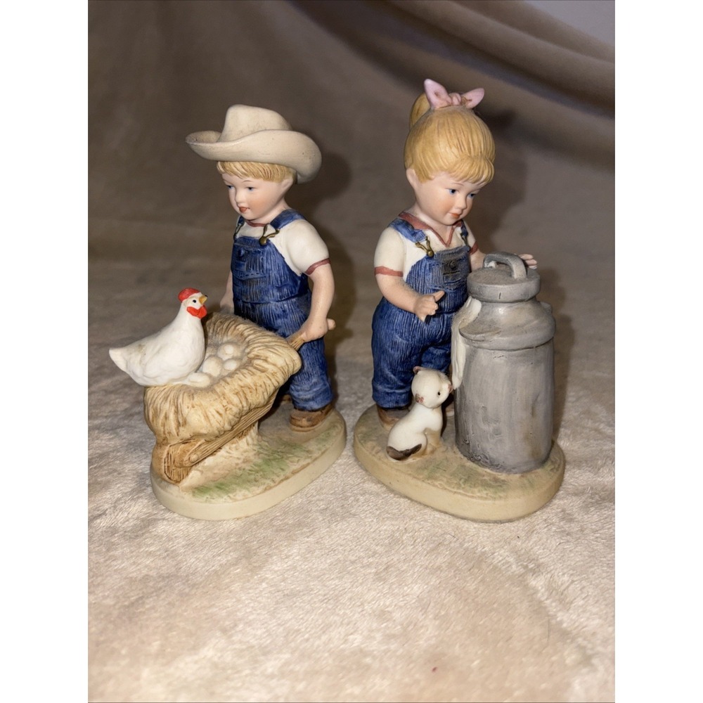 Homco Denim Days Farm Figurines Set Boy Girl Milk Can Chicken Eggs
